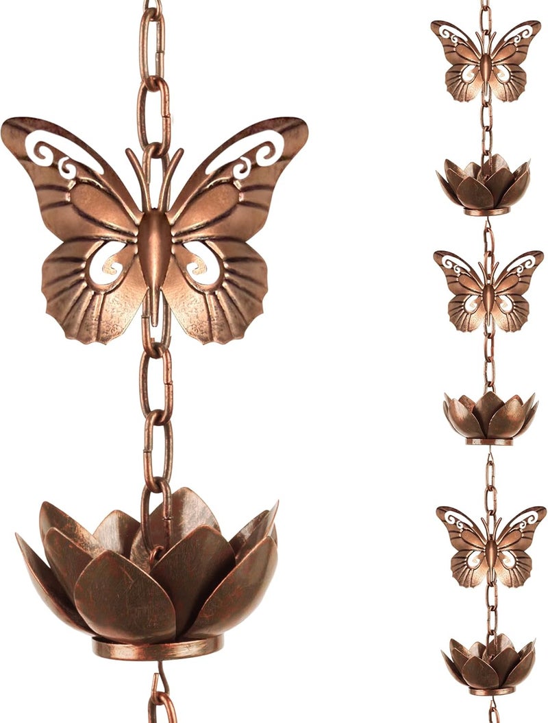 shumi 8.8ft Rain Chain for Gutters Downspouts Outside,Butterfly Rain Chain with 12 Copper Lotus Rain Chain Cups,Functional and Decorative Replacement for Gutter Downspouts - Image 1